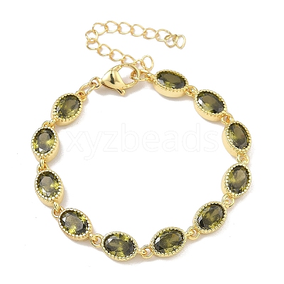 Oval Brass Pave Cubic Zirconia Link Chain Bracelets for Women BJEW-P385-02G-07-1