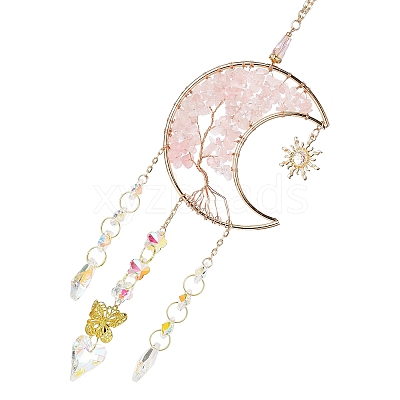 Moon with Tree of Life Natural Rose Quartz Chip Pendant Decorations AJEW-Q143-06-1
