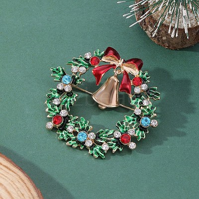 Christmas Wreath & Bell Alloy Rhinestone Pendant Necklaces & Dangle Earrings & Charm Bracelets & Brooch Sets WG06691-09-1