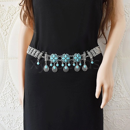 Bohemian Alloy & Synthetic Turquoise Flower Teardrop Tassel Body Chains for Woman WG1D408-01-1