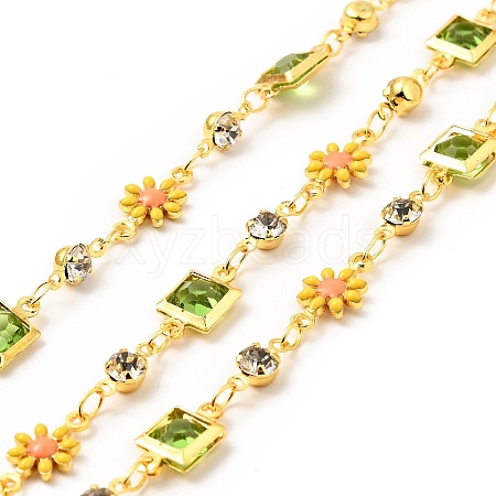 Glass Square & Enamel Flower Link Chains CHC-C003-07G-1