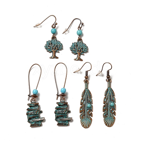 3 Pairs 3 Style Tree & Feather & Stone Shape Alloy Dangle Earrings Set EJEW-G330-03R-1