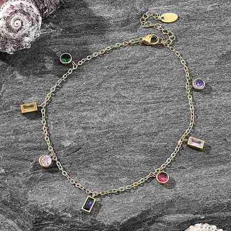 Ion Plating(IP) 304 Stainless Steel Colorful Cubic Zirconia Charm Anklets for Women STAS-P379-01G-1