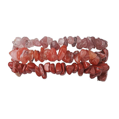 3Pcs Natural Rhodonite & Natural Red Jasper & Natural Strawberry Quartz Chip Beaded Stretch Bracelet Sets BJEW-JB10866-1