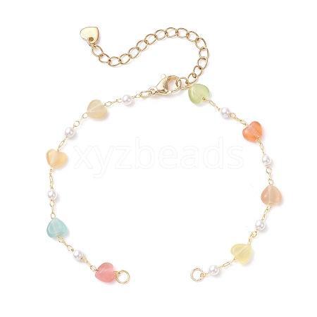 Colorful Cat Eye Heart & Plastic Pearl Beads Brass Chain Bracelet Making AJEW-JB01387-1