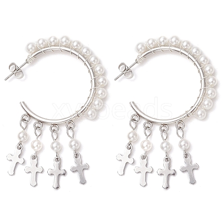 Cross Shell Pearl Dangle Stud Earrings EJEW-JE06185-02-1