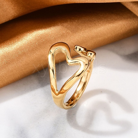 304 Stainless Steel Heart Open Cuff Rings for Women RJEW-B110-01G-1