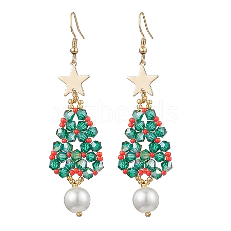 Glass Seed & Glass Pearl Beads Tree Dangle Earrings EJEW-MZ00276-02-1