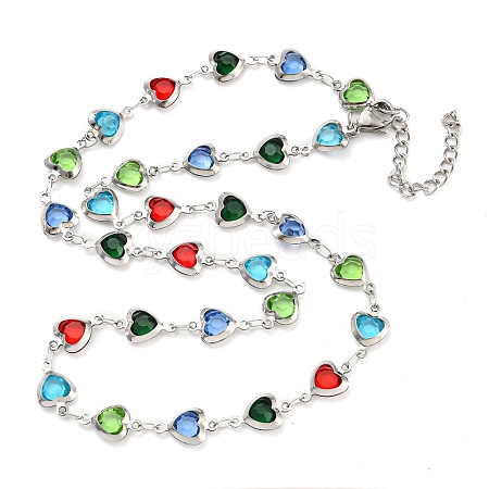 304 Stainless Steel & Glass Heart Link Chain Necklaces NJEW-P315-03P-01-1