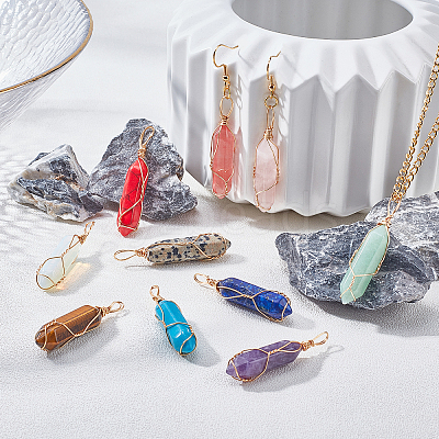10Pcs 10 Colors Gemstone with Steel Wire Wrapped Pointed Pendants G-AR0004-03LG-1