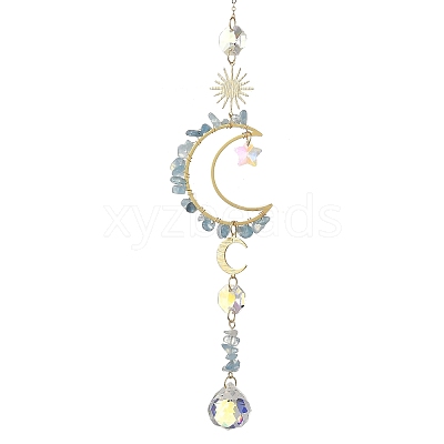 Natural Aquamarine & Star Glass Beaded Suncatcher with Brass Sun Moon Charm HJEW-JM05016-01-1