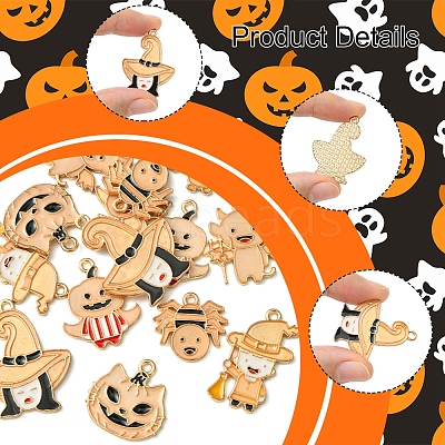 14Pcs 7 Styles Halloween Theme Rack Plating Luminous Alloy Enamel Pendants ENAM-FS0002-10G-1