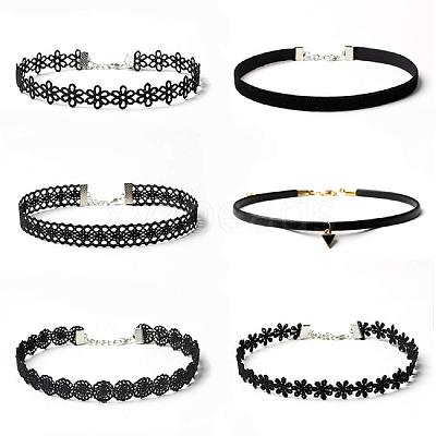6Pcs 6 Styles Gothic Polyester Lace Choker Necklaces for Women FS-WG8751E-01-1