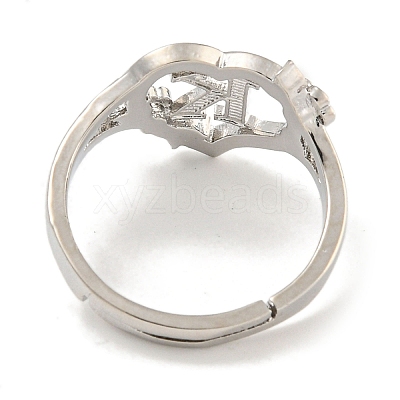 Heart with Letter & Flower Rack Plating Brass Adjustable Rings for Women RJEW-I105-05P-K-1