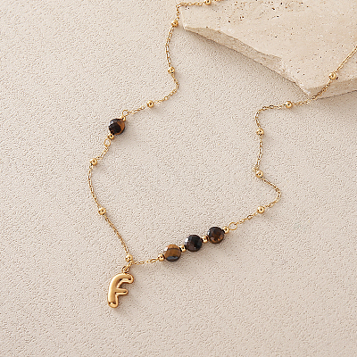 European Faceted Natural Tiger Eye 304 Stainless Steel Alphabet Pendant Necklaces QN9691-6-1