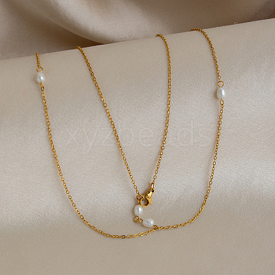 304 Stainless Steel and Natural Freshwater Pearl Tassel Y-shaped Lariat Necklaces for Women OF8673-1
