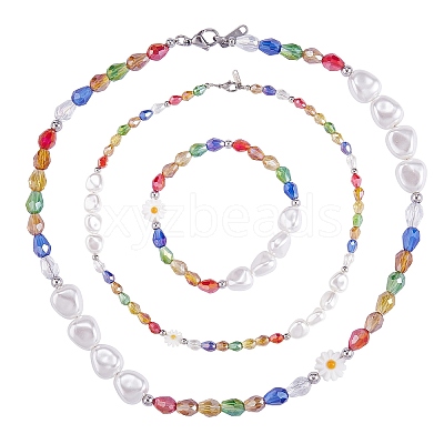 3Pcs Natural Shell & Plastic Pearl Flower & Glass Beaded Necklaces and Stretch Bracelet Set SJEW-SW00010-05-1