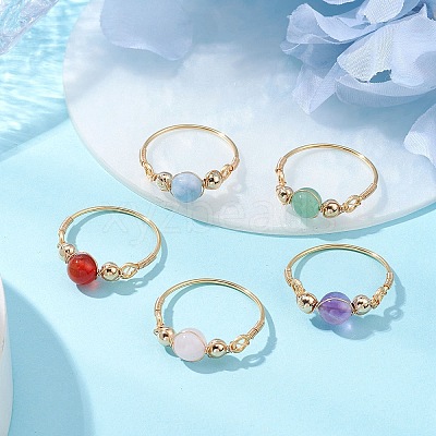 Round Natural Quartz Crystal & Rose Quartz & Green Aventurine & Amethyst & Carnelian Finger Rings RJEW-JR00819-1