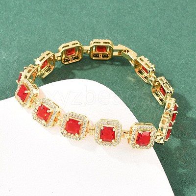 Square Brass Micro Pave Clear Cubic Zirconia and Glass Link Chain Bracelets BJEW-T025-04G-01-1