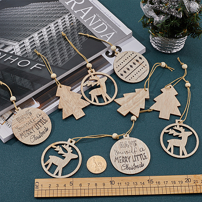 2 Sets 2 Style Christmas Theme Wood Pendants Decoration HJEW-GF0001-39A-1