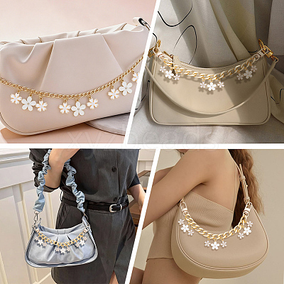 2Pcs Alloy Enamel White Flower Pendant Aluminum Curb Chain Bag Decorative Chains HJEW-BBC0001-36-1