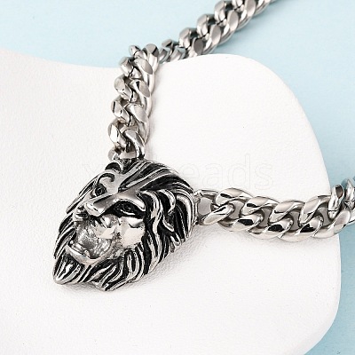 304 Stainless Steel Lion Head Pendant Cuban Link Chain Necklaces NJEW-C099-05AS-1