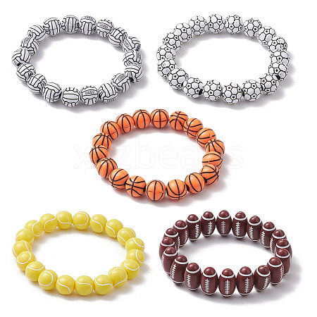 5Pcs 5 Styles Sport Ball Acrylic Beaded Stretch Bracelet Sets for Women BJEW-JB10657-01-1