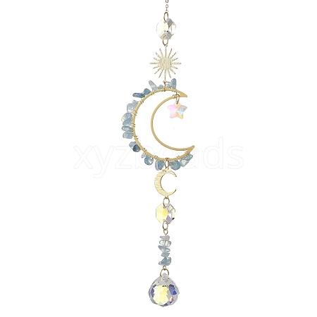 Natural Aquamarine & Star Glass Beaded Suncatcher with Brass Sun Moon Charm HJEW-JM05016-01-1
