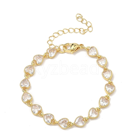 Heart Brass Pave Cubic Zirconia Link Chain Bracelets for Women BJEW-P385-07G-02-1