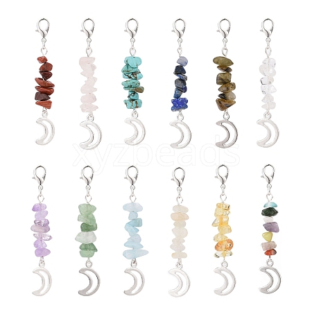 12Pcs 12 Styles Natural & Synthetic Mixed Stone Chips & Alloy Moon Pendant Decorations HJEW-CJ00026-1