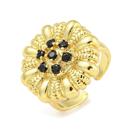 Rack Plated Brass Micro Pave Cubic Zirconia Flower Open Cuff Rings for Women RJEW-Z042-02G-01-1