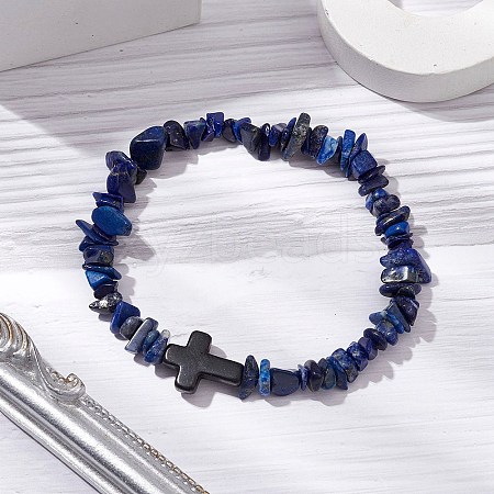 Natural Lapis Lazuli Chips Stretch Bracelets for Women Men BJEW-JB11341-07-1