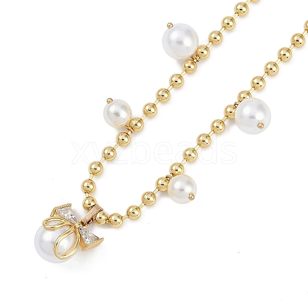 Rack Plating Brass Micro Pave Clear Cubic Zirconia Bowknot Pendant Ball Chain Necklaces NJEW-P317-04G-1