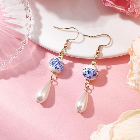 Round with Flower Pattern Porcelain Ceramic Dangle Earrings EJEW-JE06347-01-1
