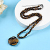 Natural Tiger Eye 4.5mm Round Beaded Flower Pendant Necklaces NJEW-T016-04I-1