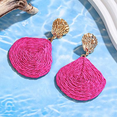 Teardrop with Shell Shape Alloy Raffia Dangle Stud Earrings FS-WGAC576-04-1