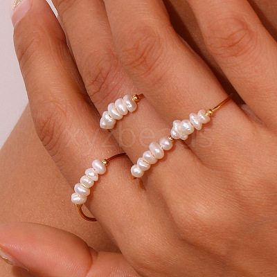Nuggets Stainless Steel & Natural Freshwater Pearl Beads Finger Rings WG1BE4A-03-1