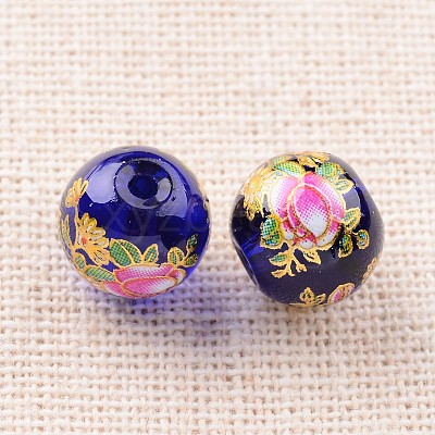 Flower Picture Printed Glass Round Beads GLAA-J087-10mm-A06-1