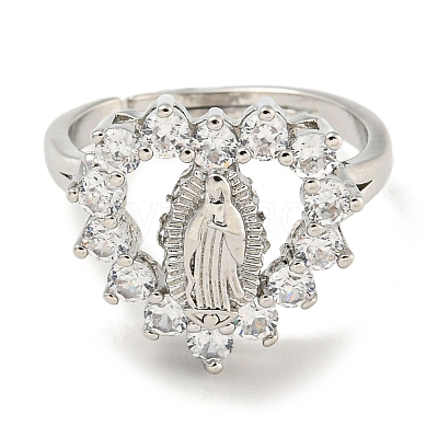 Heart with Saint Rack Plating Brass Micro Pave Cubic Zirconia Adjustable Rings RJEW-I105-04P-06-1