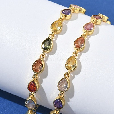 Teardrop Brass Pave Cubic Zirconia Link Chain Bracelets for Women BJEW-P385-06G-1