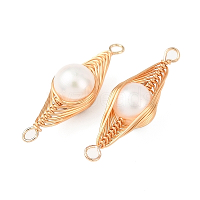 Copper Herringbone Wire-Wrapped Natural Pearl Potato Links Connector Charms KK-Z152-03G-03-1