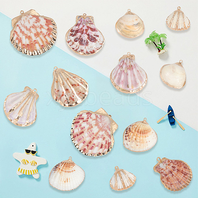 32Pcs 8 Styles Electroplated Natural Mixed Shell Pendants SSHEL-SC0001-62D-1