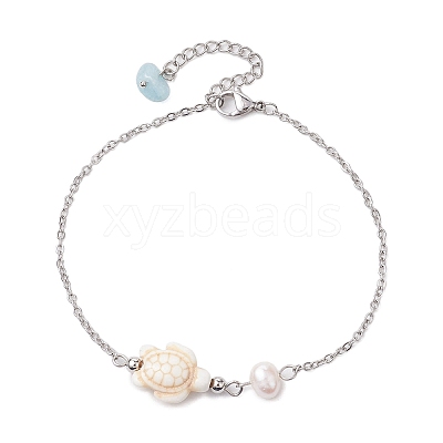 Synthetic Turquoise & Natural Freshwater Pearl Link Anklets AJEW-AN00628-04-1