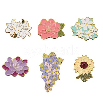 6Pcs 6 Style Flower Enamel Pins JEWB-SZ0001-61-1