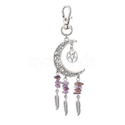 Tibetan Style Alloy Moon with Feather Pendant Decorations HJEW-JM02322-1