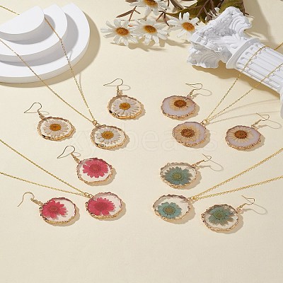 Inner Dried Flower Resin Dangle Earring & Pendant Necklaces Sets SJEW-FS00005-1