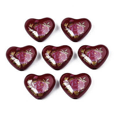 Flower Printed Opaque Acrylic Heart Beads SACR-S305-28-L04-1