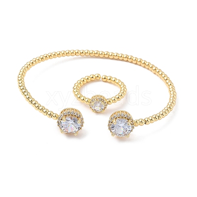 Round Brass Micro Pave Cubic Zirconia Cuff Bangles & Rings Sets for Women SJEW-R002-01G-02-1