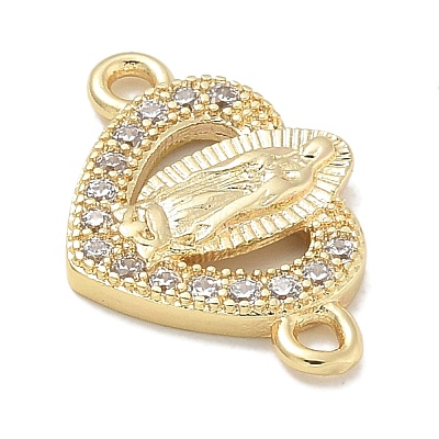 Rack Plating Brass Micro Pave Clear Cubic Zirconia Religion Heart Virgin Mary Connector Charms KK-L224-099G-04-1