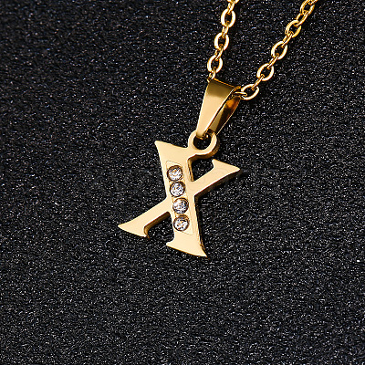 201 Stainless Steel Crystal Rhinestone Initial Pendant Necklaces FS-WG3A711-24-1
